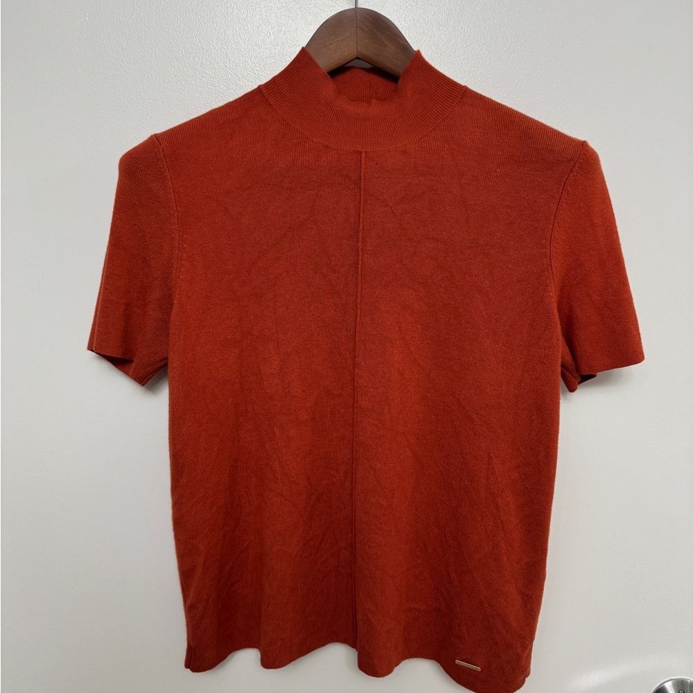 Tahari Rust Knit Short Sleeve Mock Neck Sweater Top - Petite XL